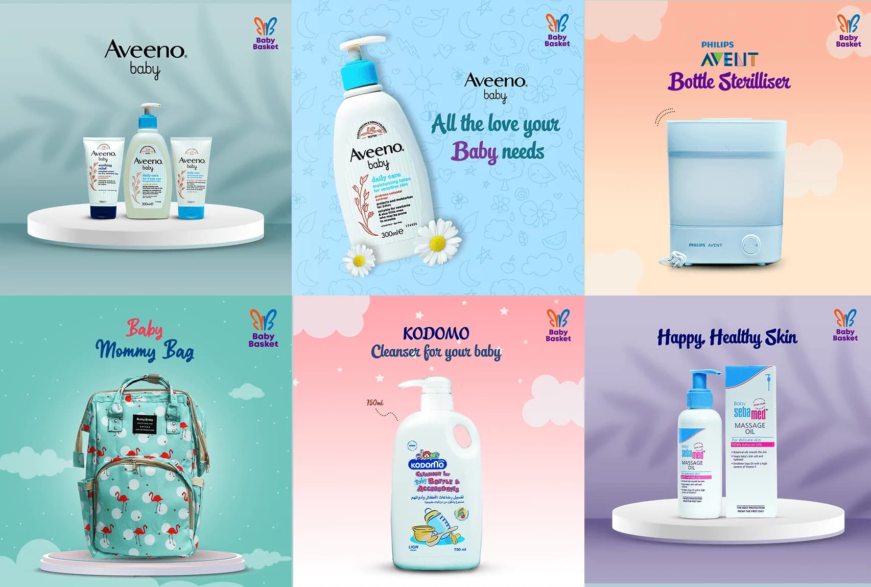Grid of pastel social posts featuring baby care products