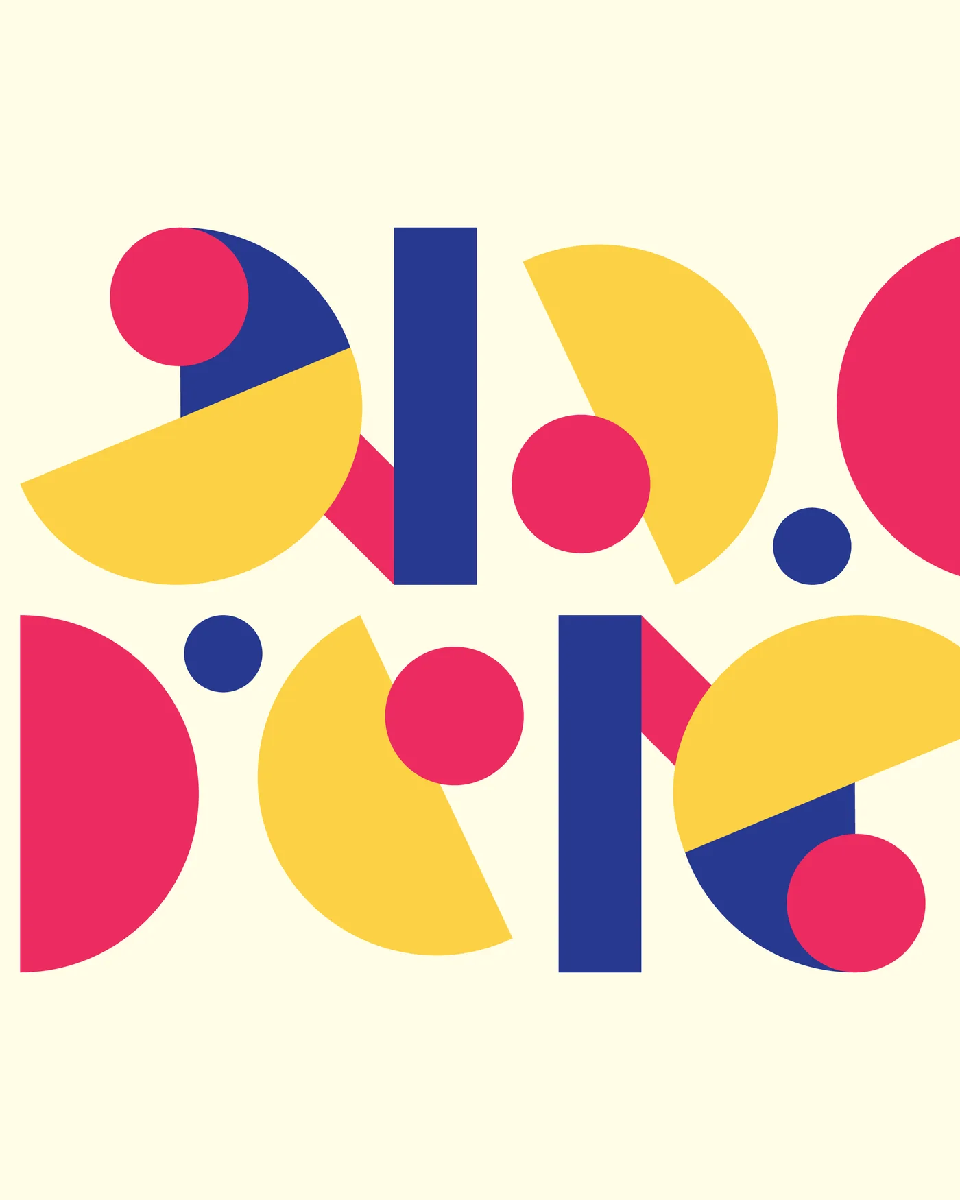 Bangla letters built from red, blue and yellow geometric shapes on cream