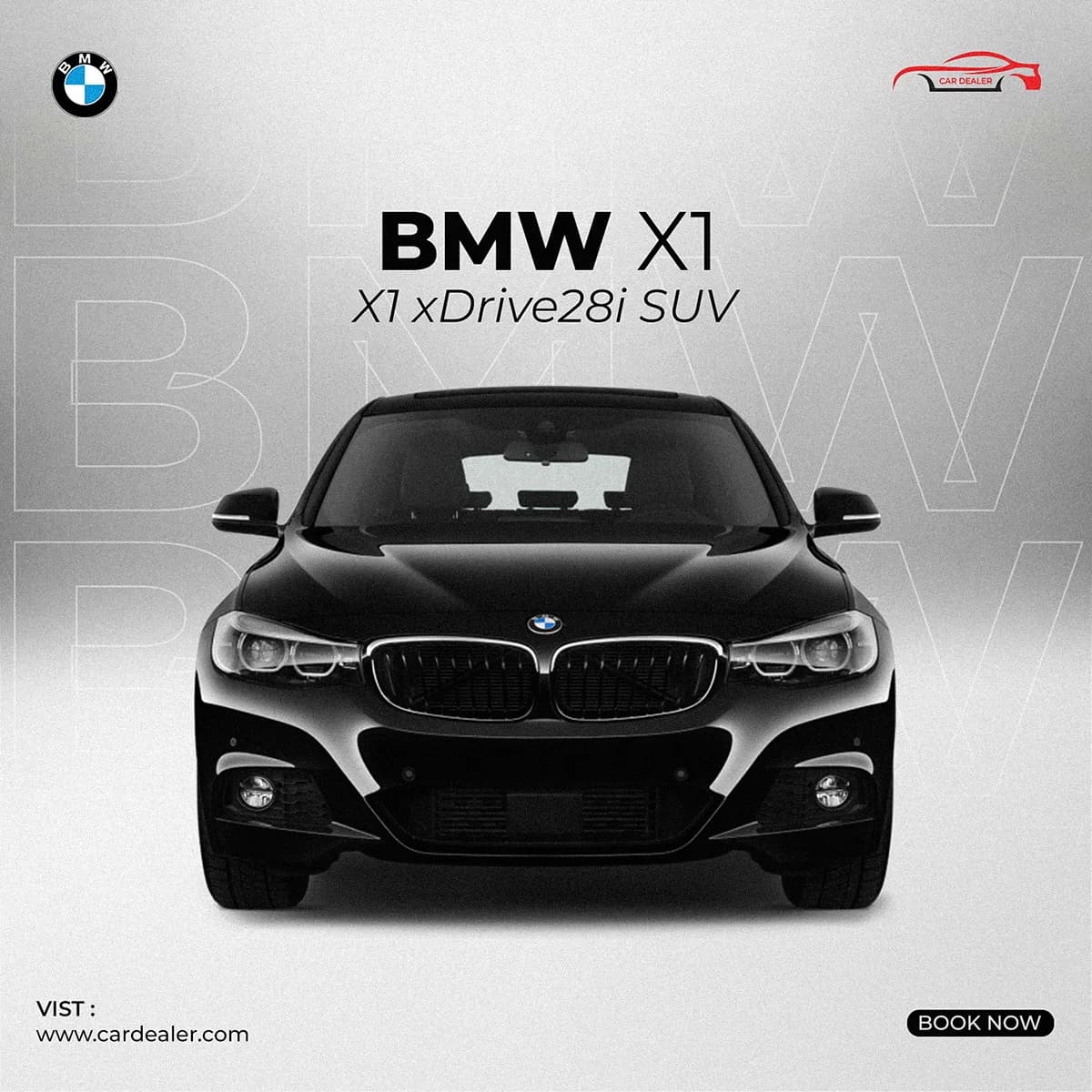 Black BMW X1 advertisement on a light grey background