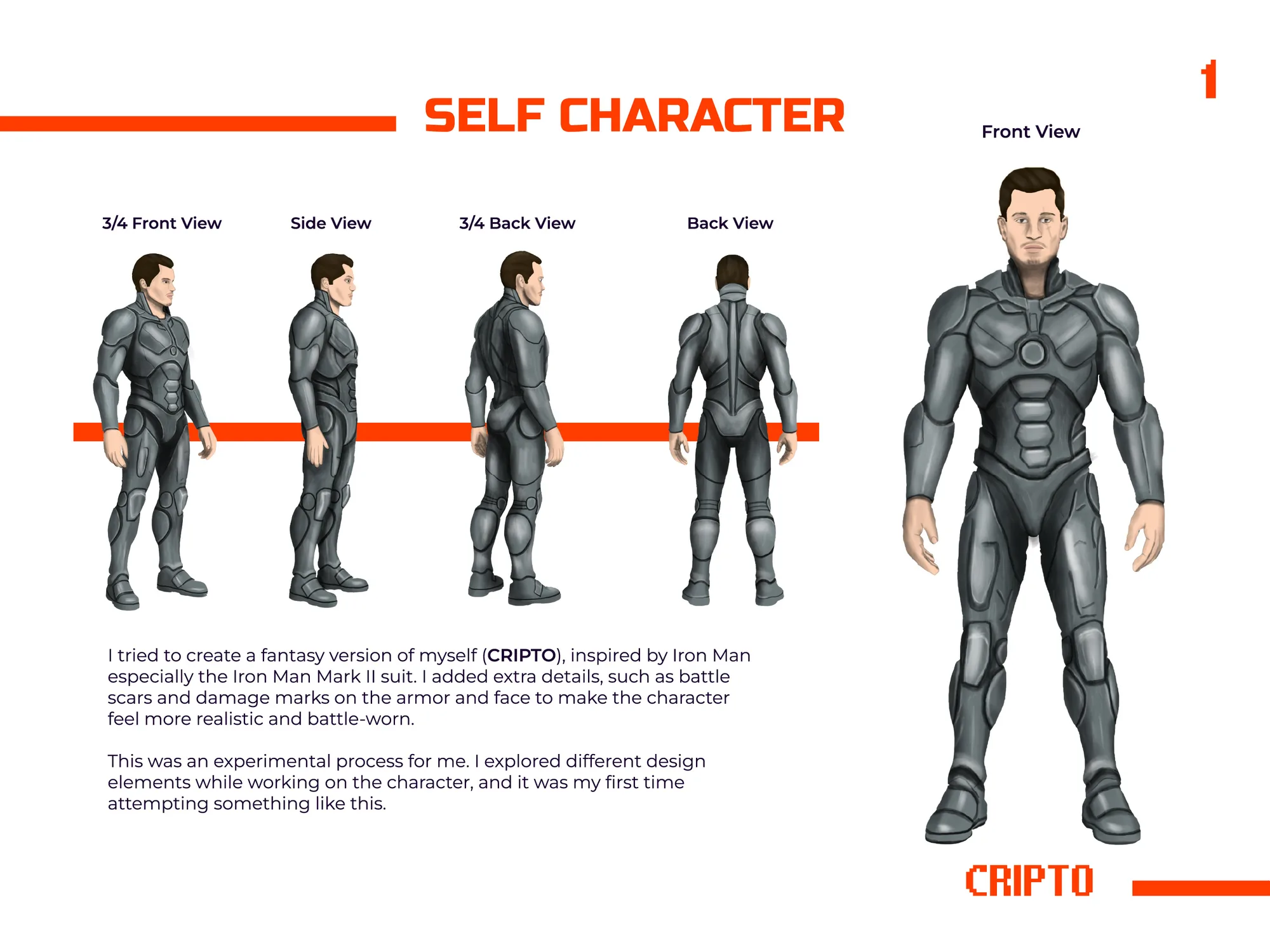 Character turnaround sheet of an armoured figure shown from several angles