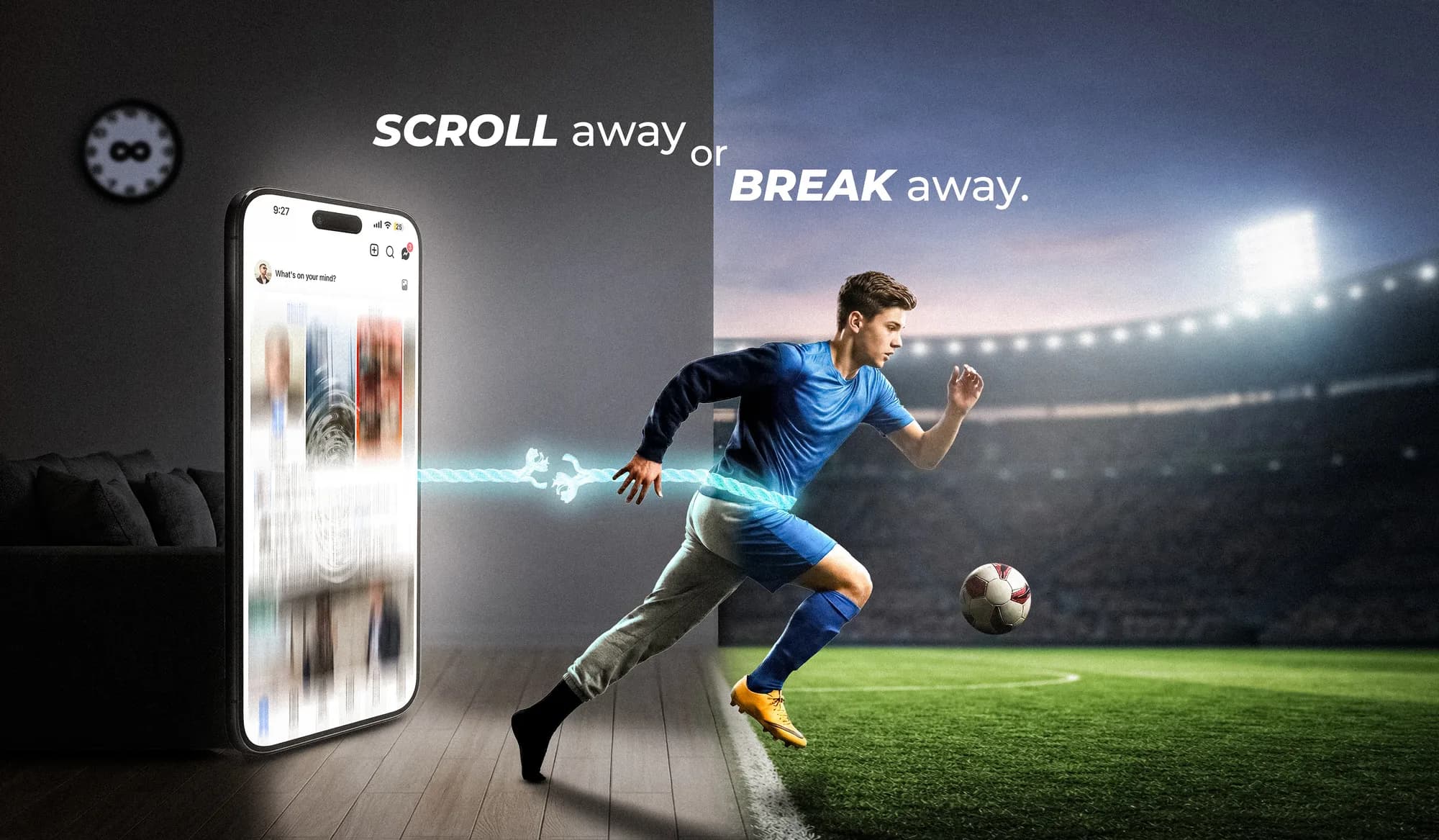 Campaign visual of a footballer bursting out of a smartphone screen into a stadium