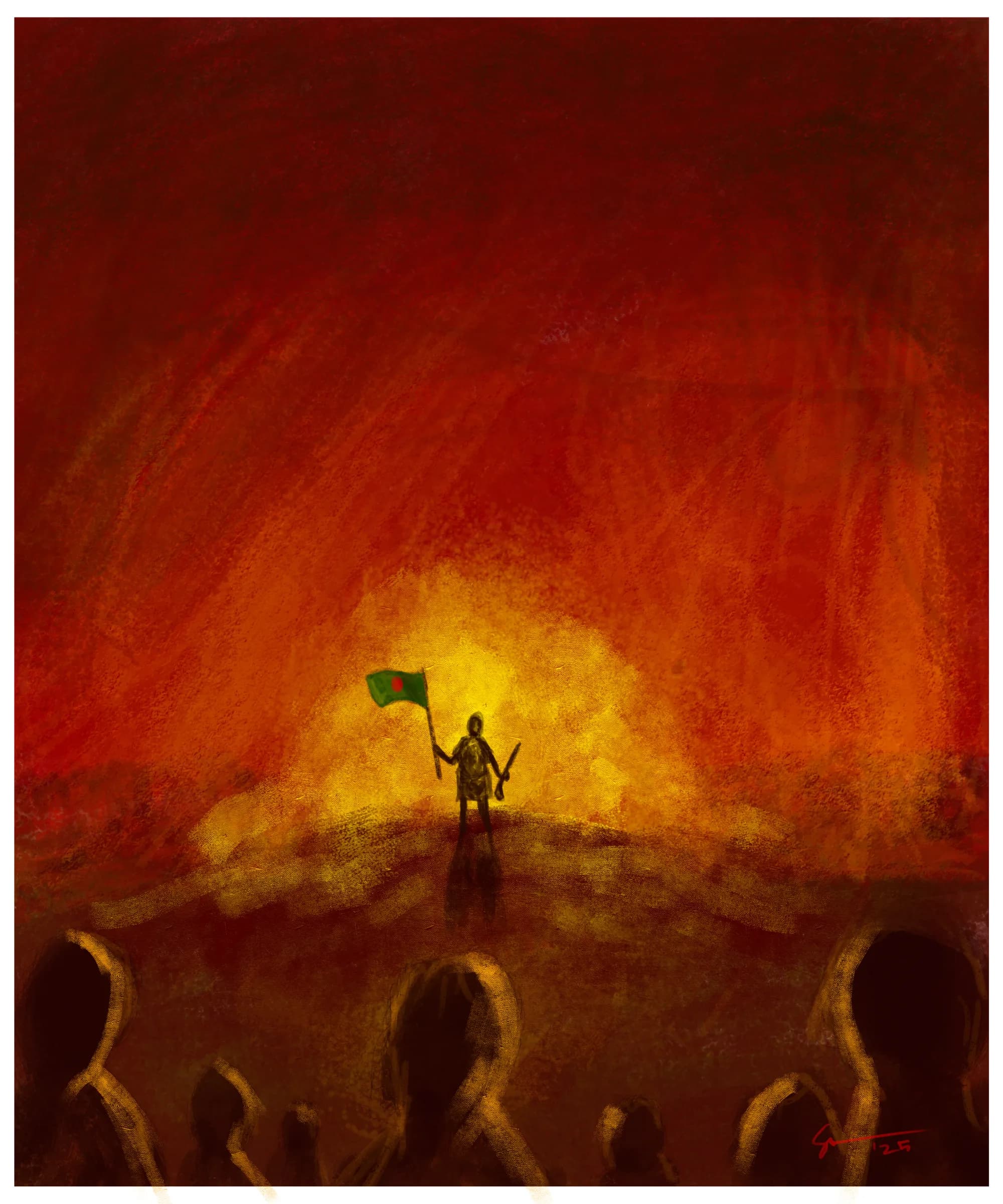 Digital painting of a lone figure raising a flag before a burning red landscape