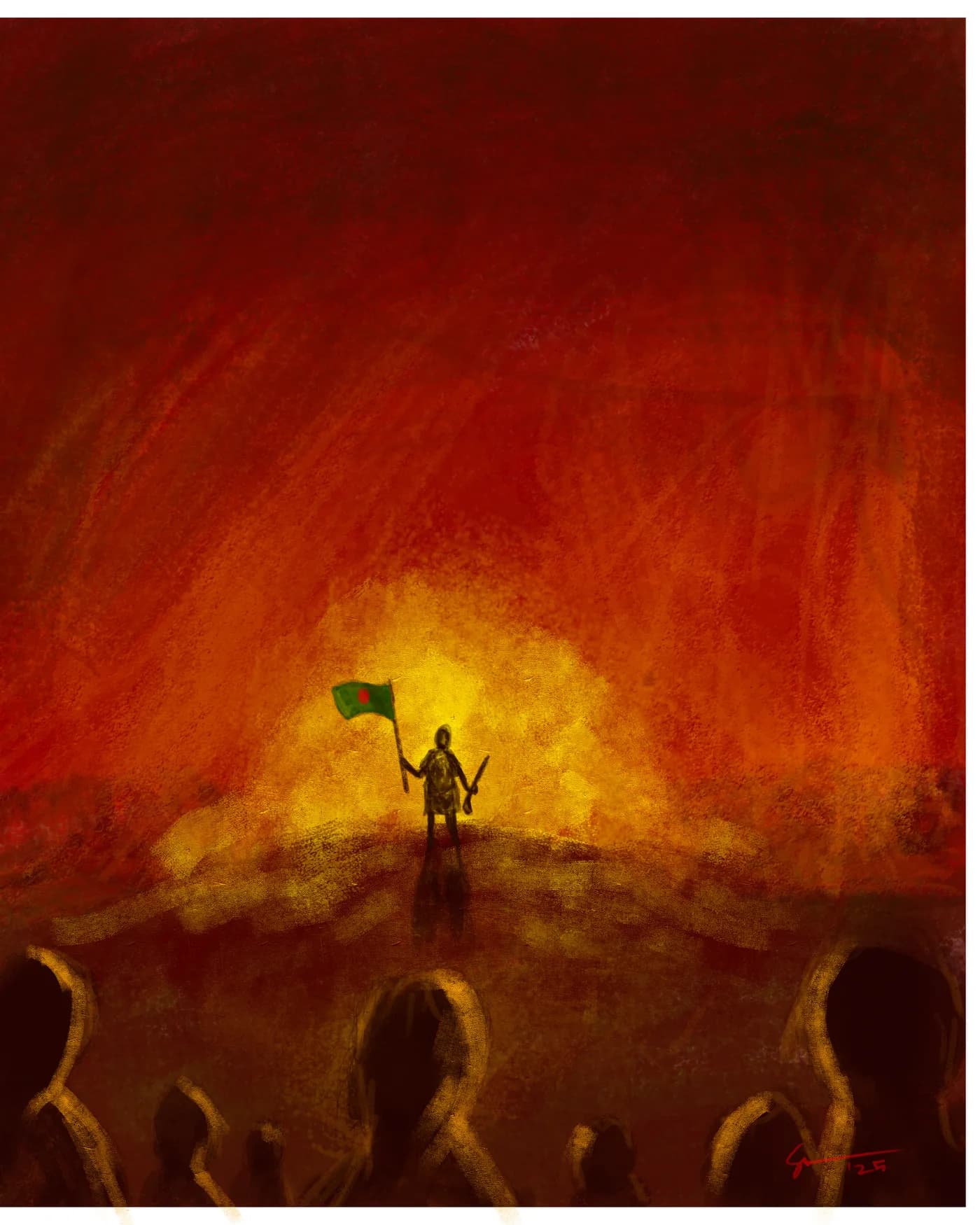 Digital painting of a lone figure raising a flag before a burning red landscape