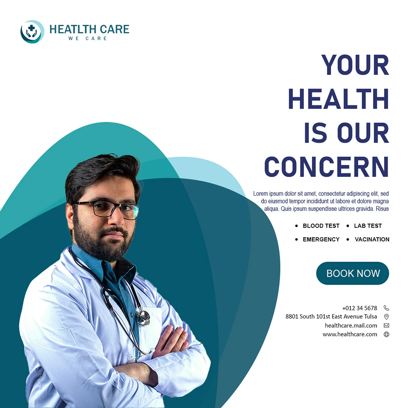 Healthcare post with a smiling doctor beside the words Your health is our concern