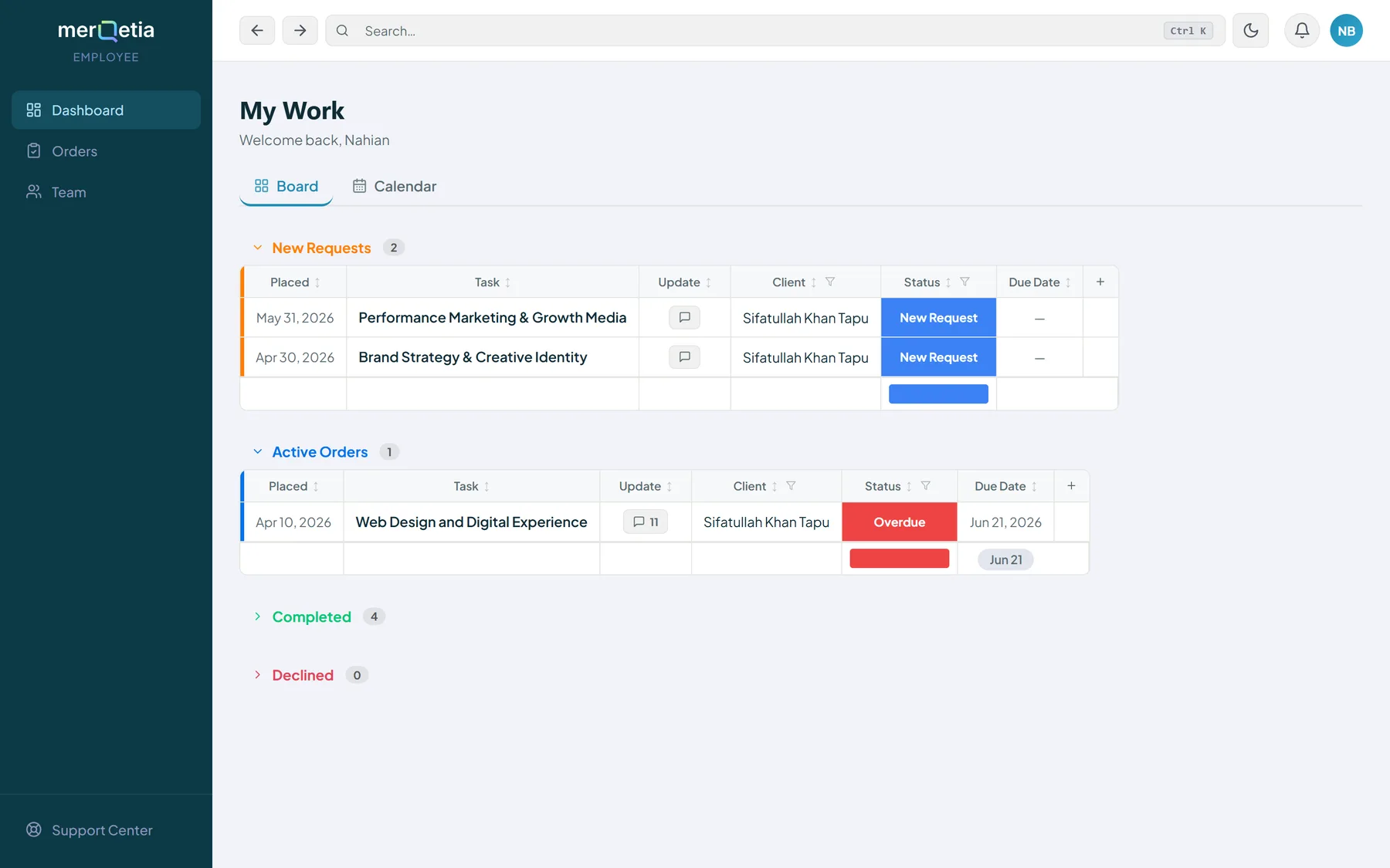 The employee My Work board with new requests, active orders, completed and declined groups