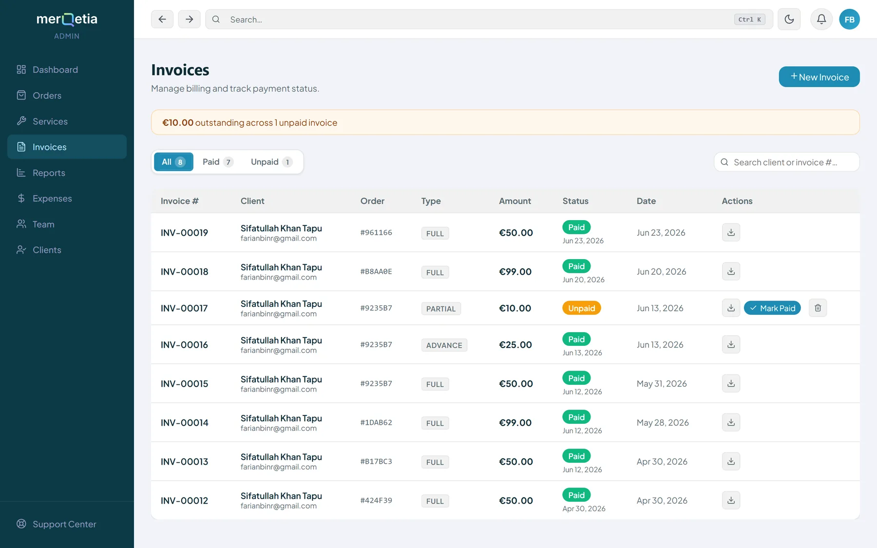 The invoice list with full, advance and partial invoices and their payment status
