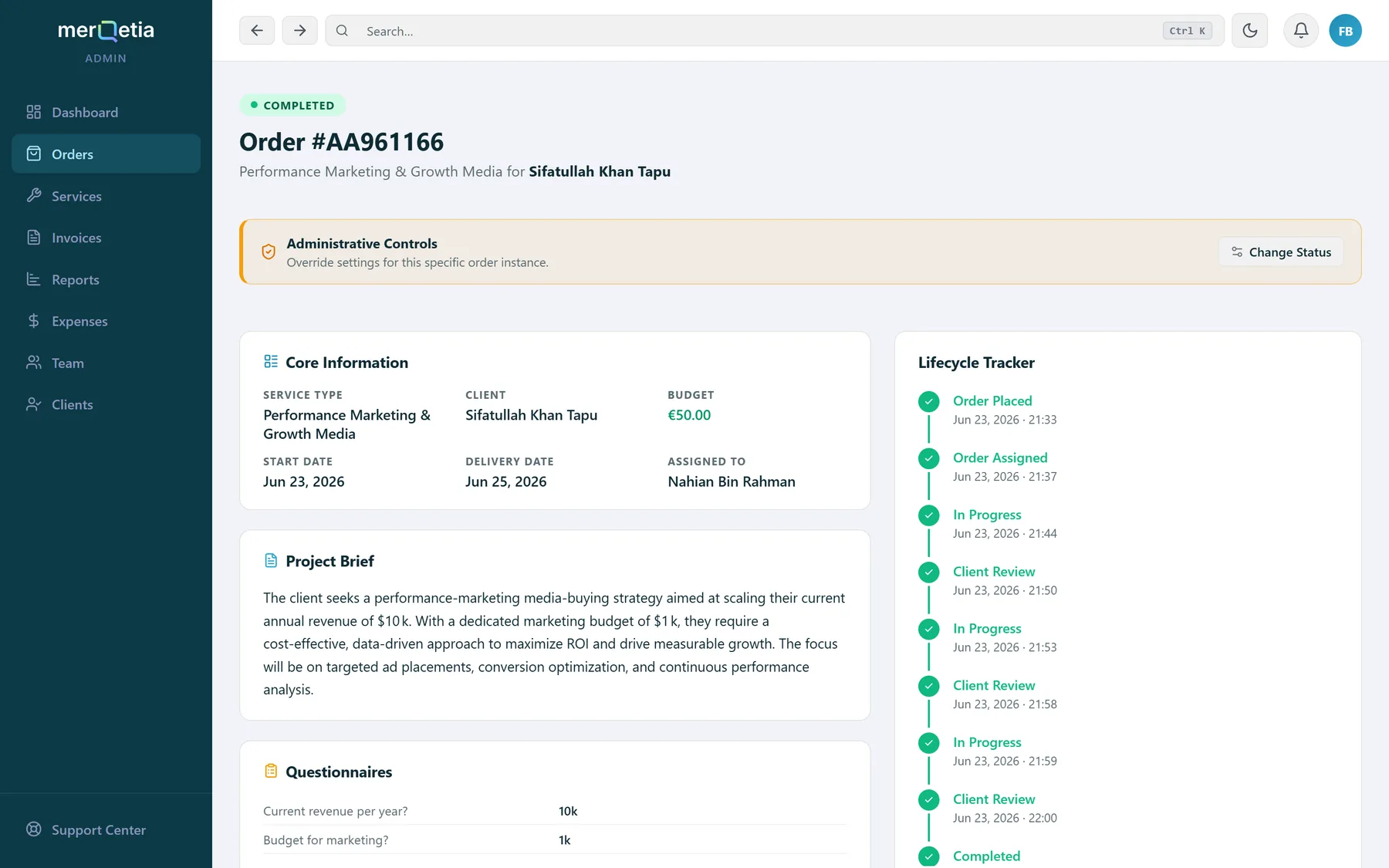 An order page with core information, project brief, questionnaire answers and a lifecycle tracker