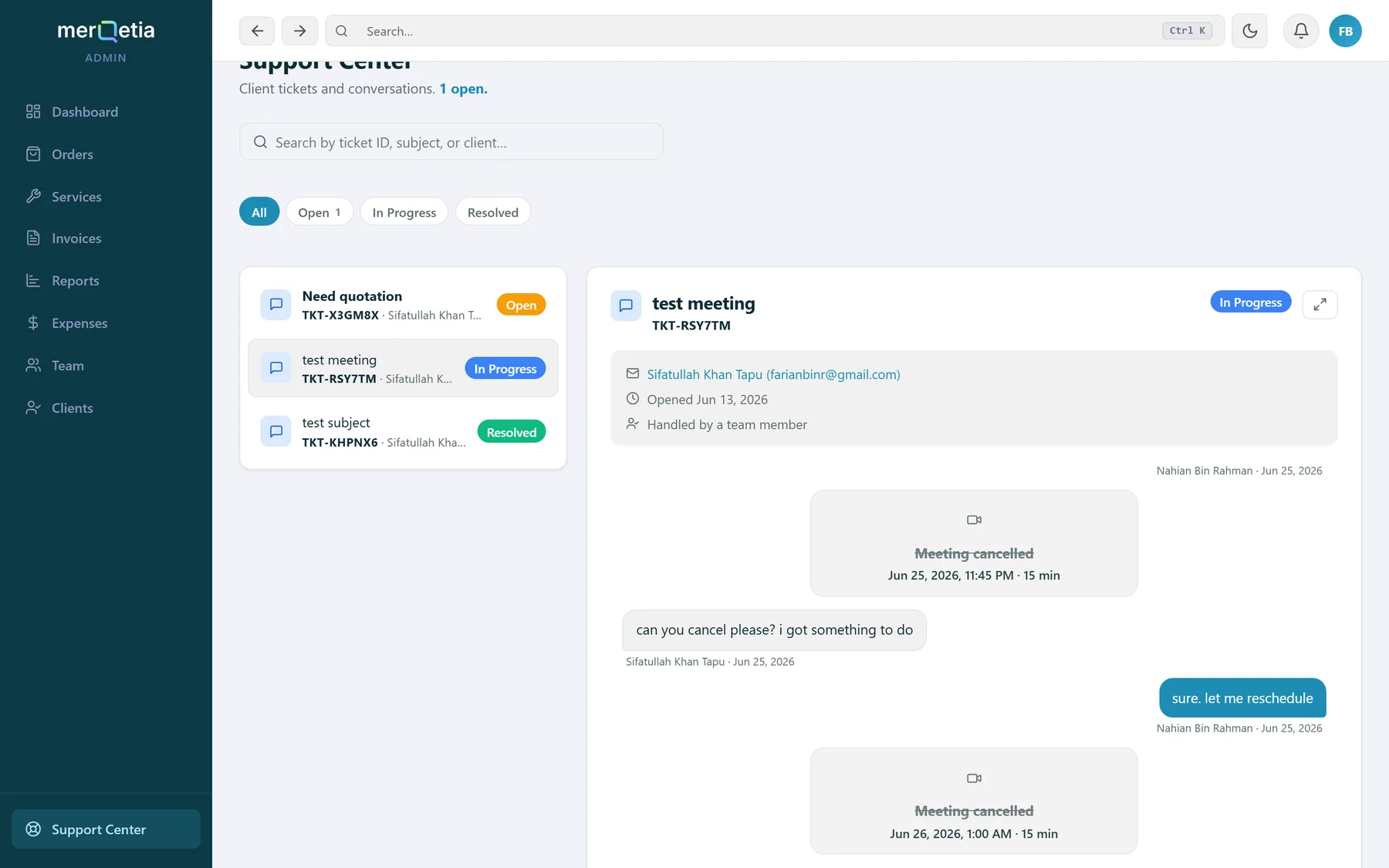 The support centre with tickets, a threaded conversation and inline scheduled meetings