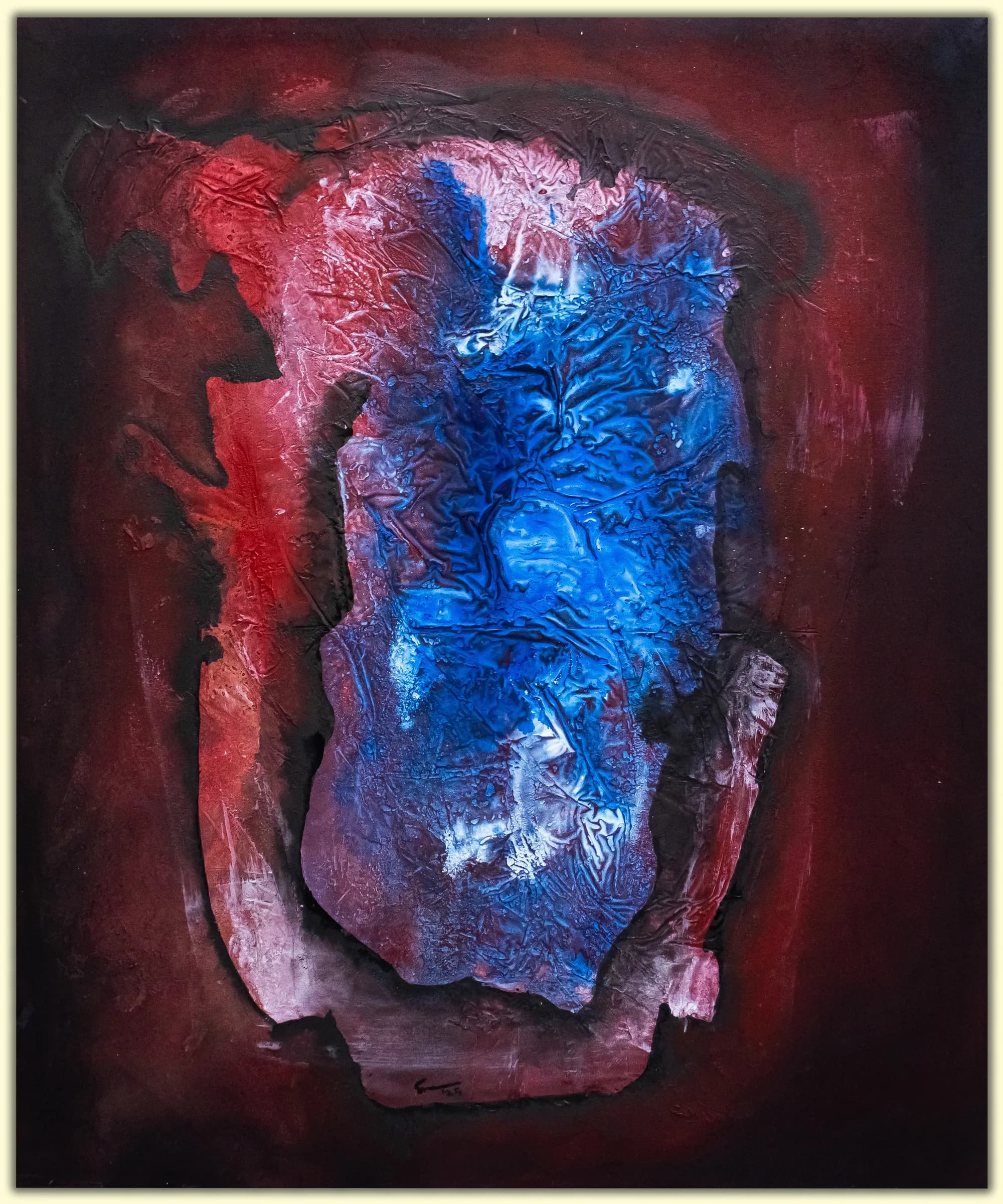 Abstract painting with a blue form surrounded by red and black textures