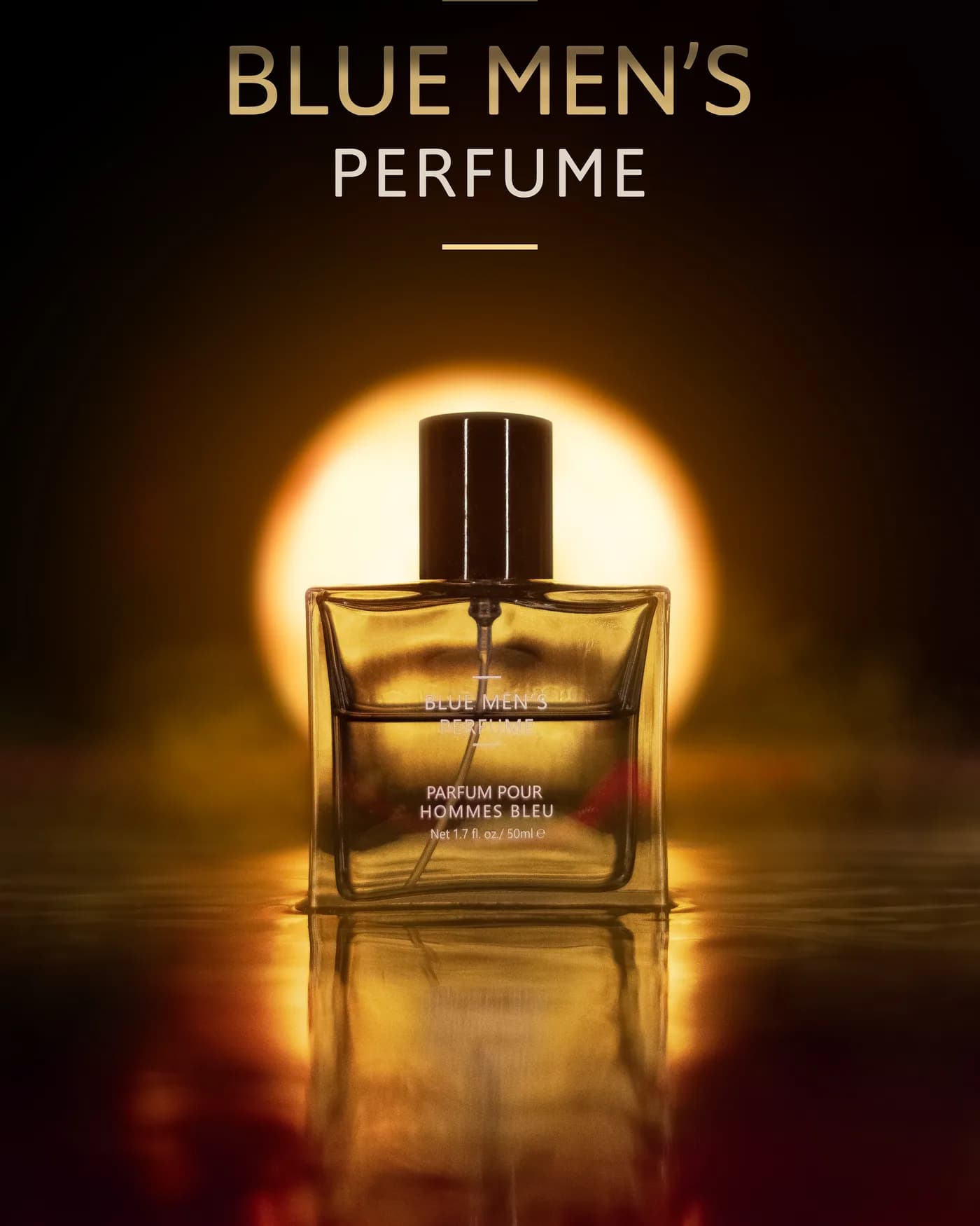 Perfume bottle glowing amber against a dark background