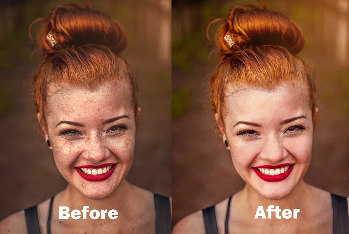 Before and after retouch of a smiling red-haired woman