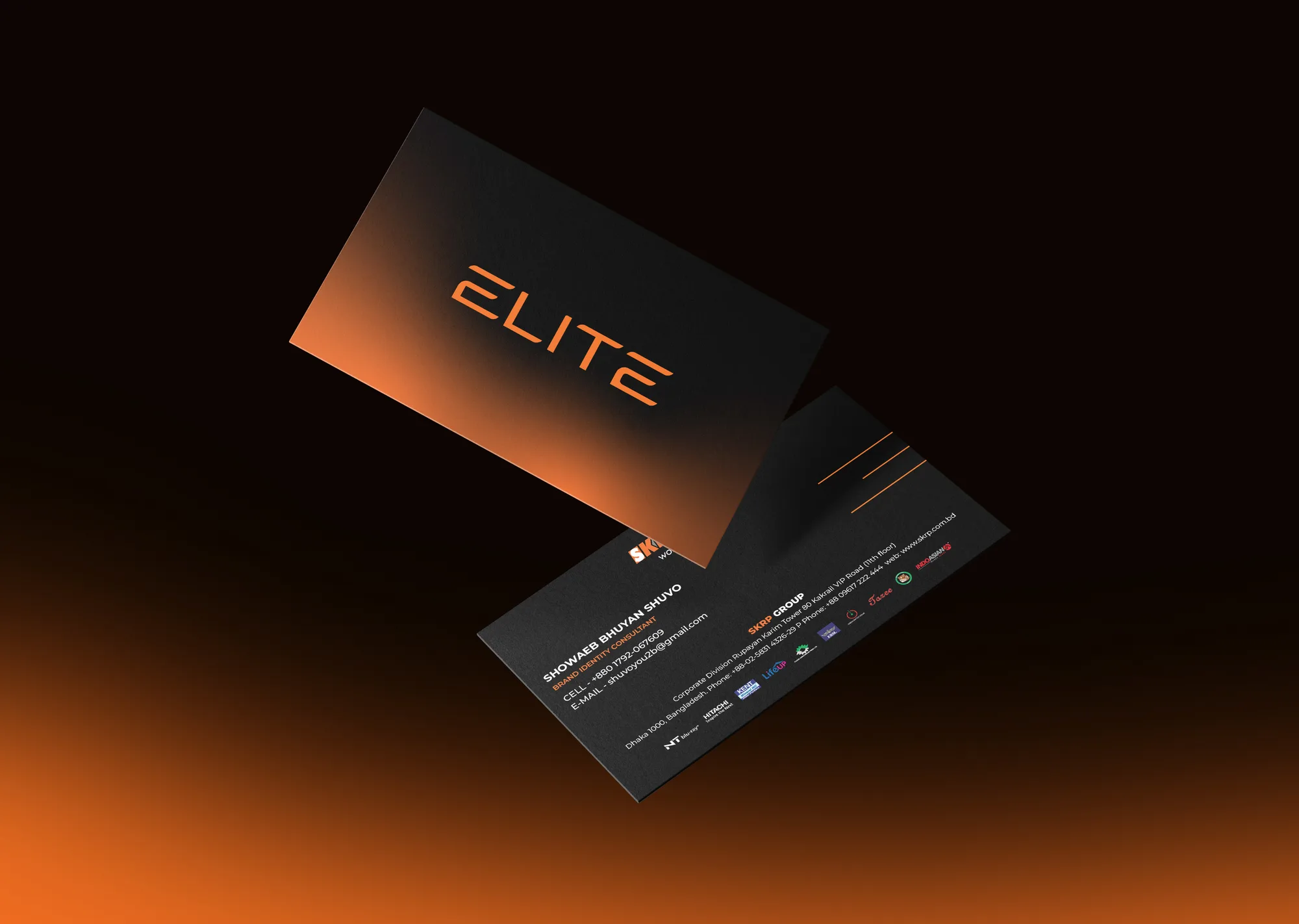 Black business card with an orange Elite wordmark floating over a dark orange gradient