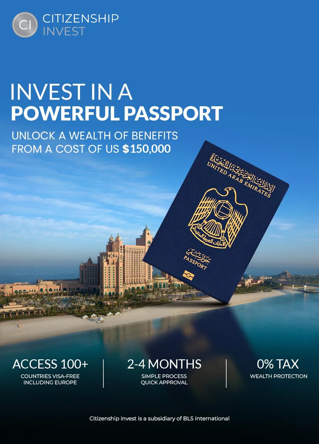 Social post with a passport over a city skyline advertising investment citizenship
