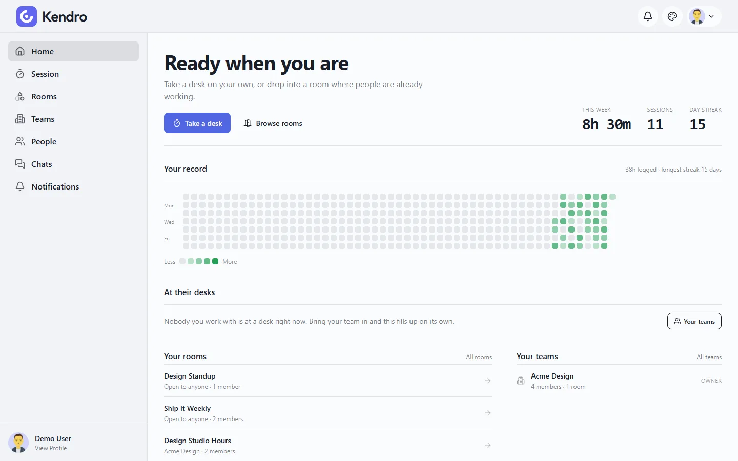 The dashboard with weekly hours, a contribution grid, live presence and rooms and teams