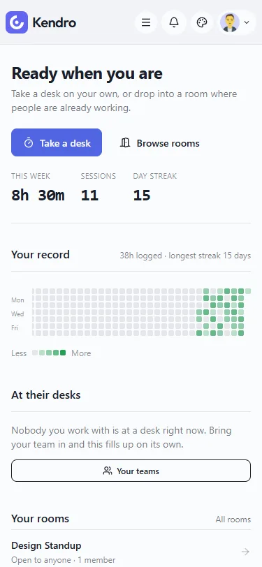 The dashboard on a phone with stats, contribution grid and rooms stacked