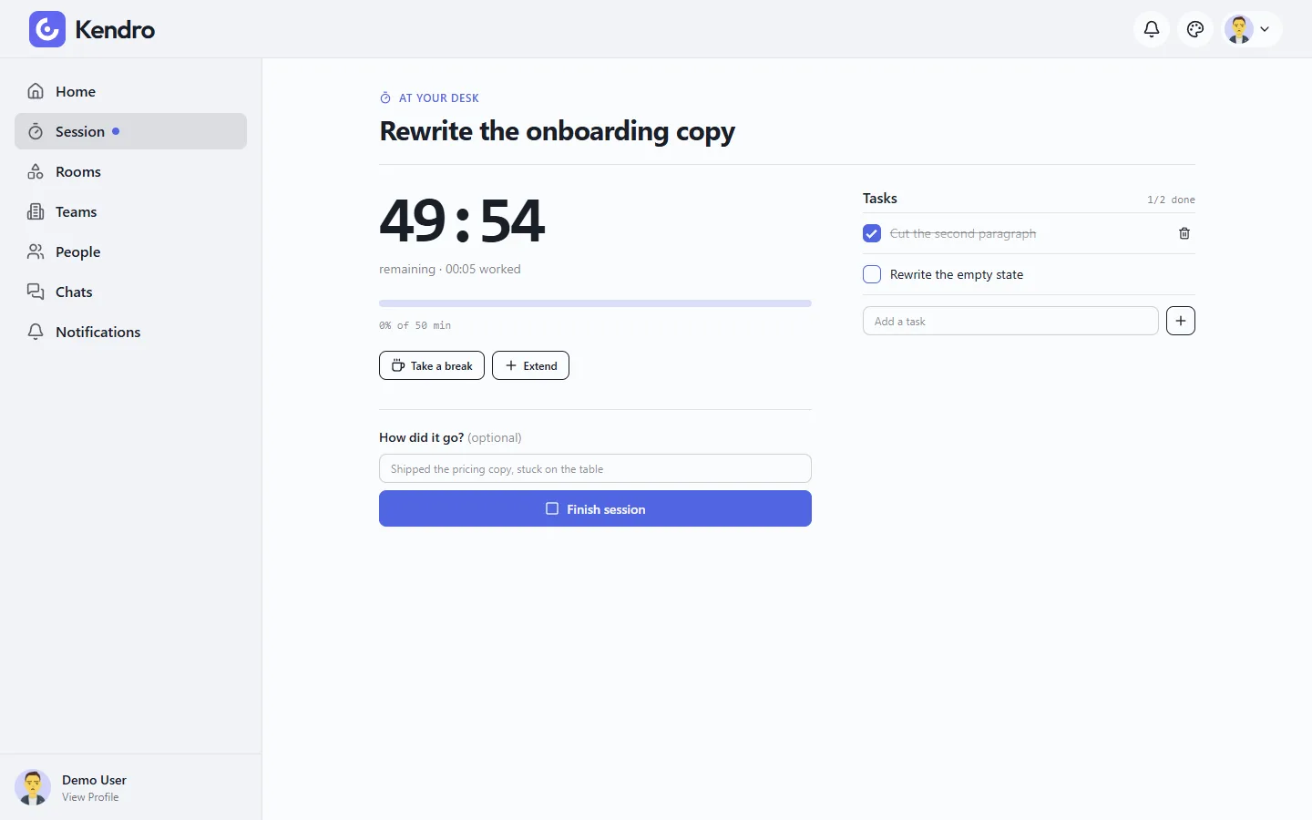 A running session with a countdown, task checklist and a note field