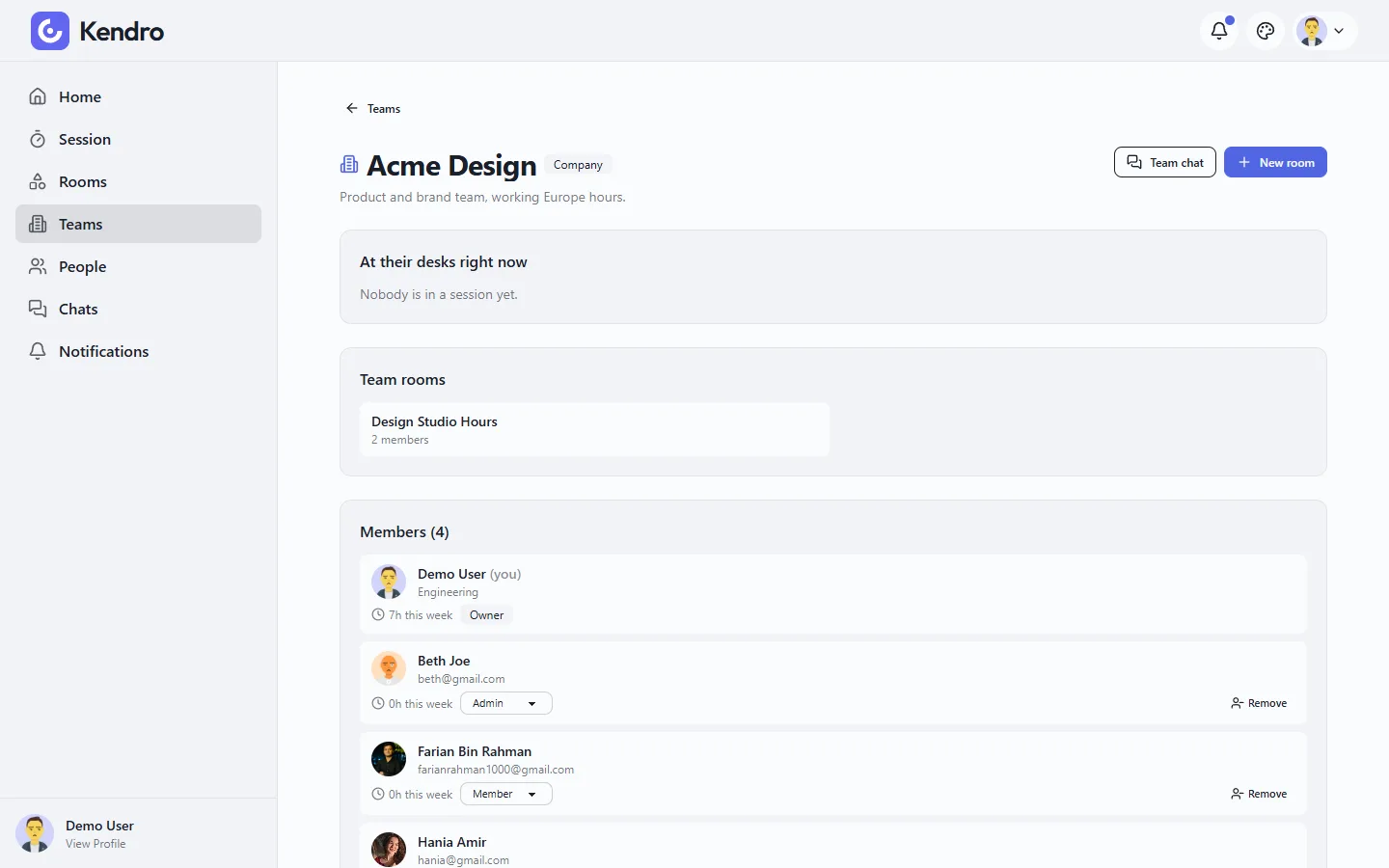 A team page showing live presence, team rooms and members with hours and roles