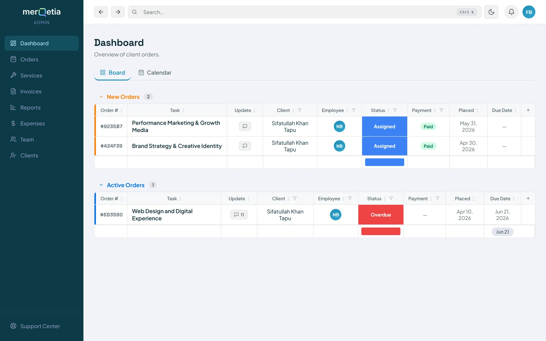 The admin order board grouped into new and active orders with status, payment and due-date columns
