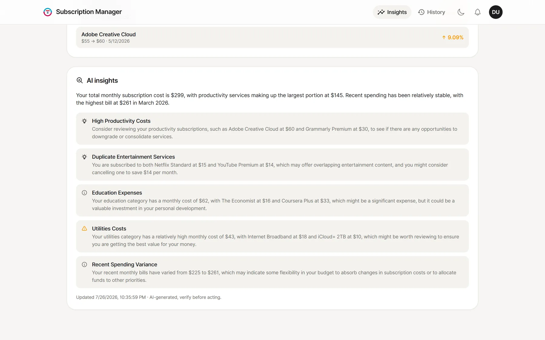 AI-generated insight cards covering productivity costs, duplicate services and spending variance