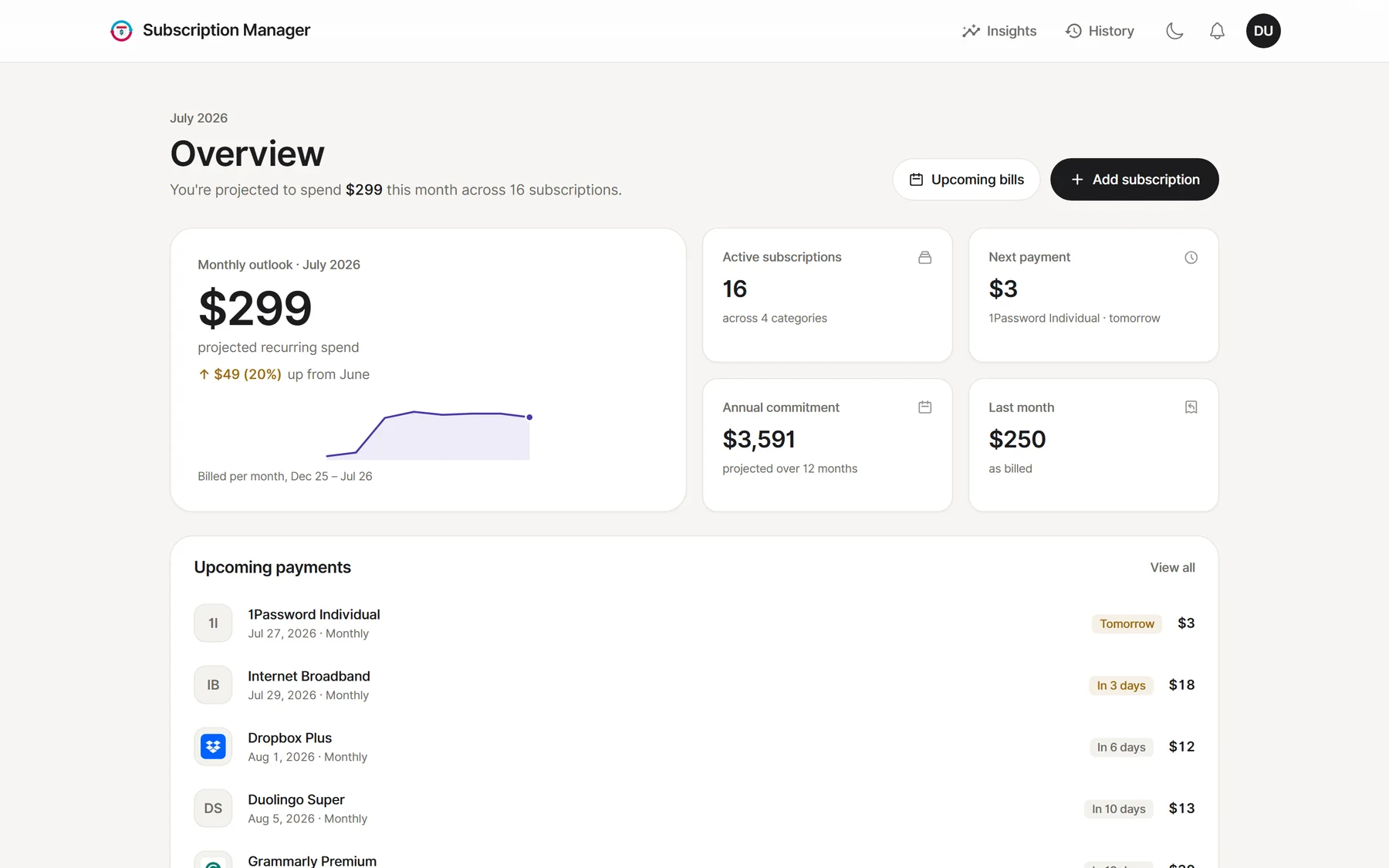 The Subscription Manager overview with a monthly outlook card, spend stats and upcoming payments