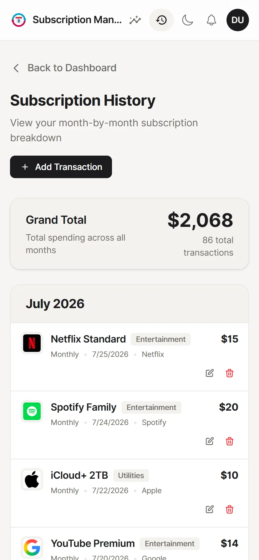 Month-by-month transaction history on a phone with edit and delete per row
