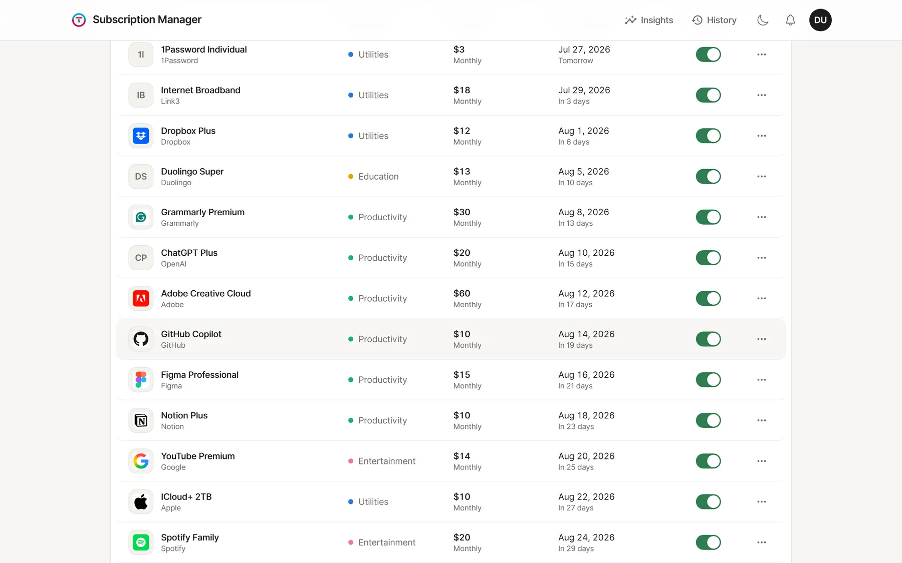 The full subscription table with category, amount, next renewal and per-row toggles