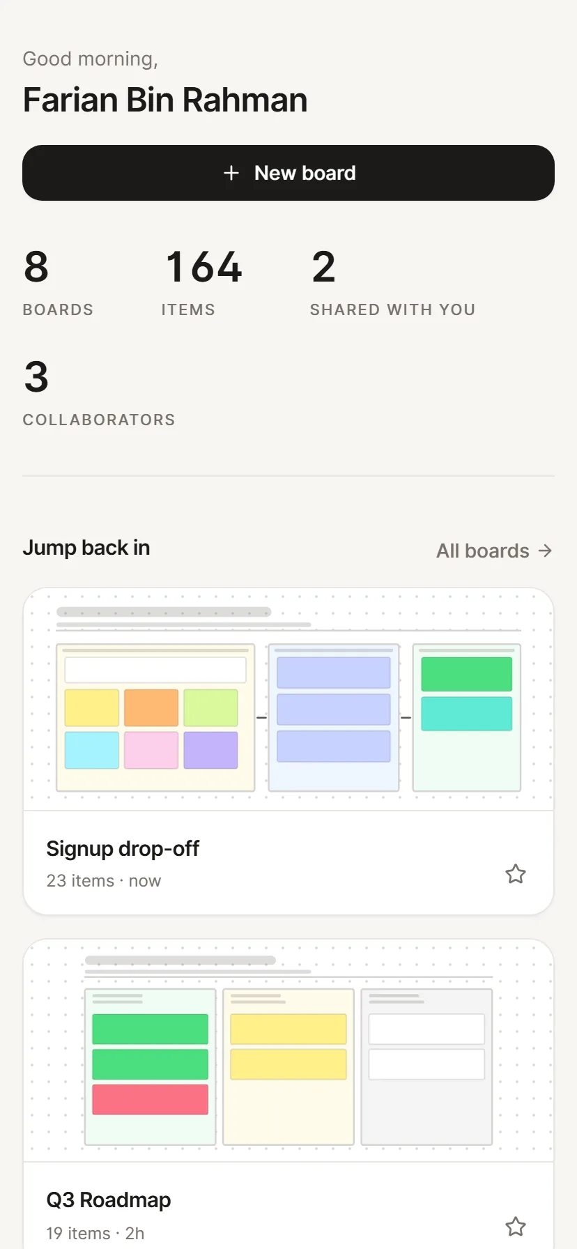 The dashboard on a phone, with stats stacked and board previews at full width