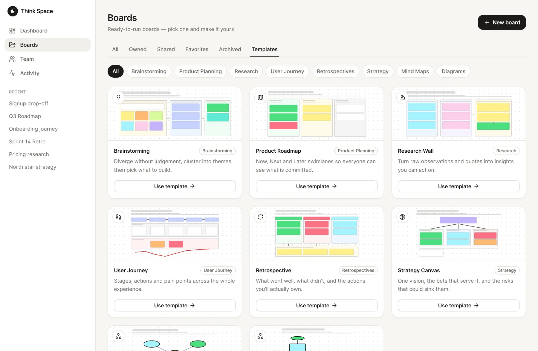 The template gallery with eight starter boards grouped by category
